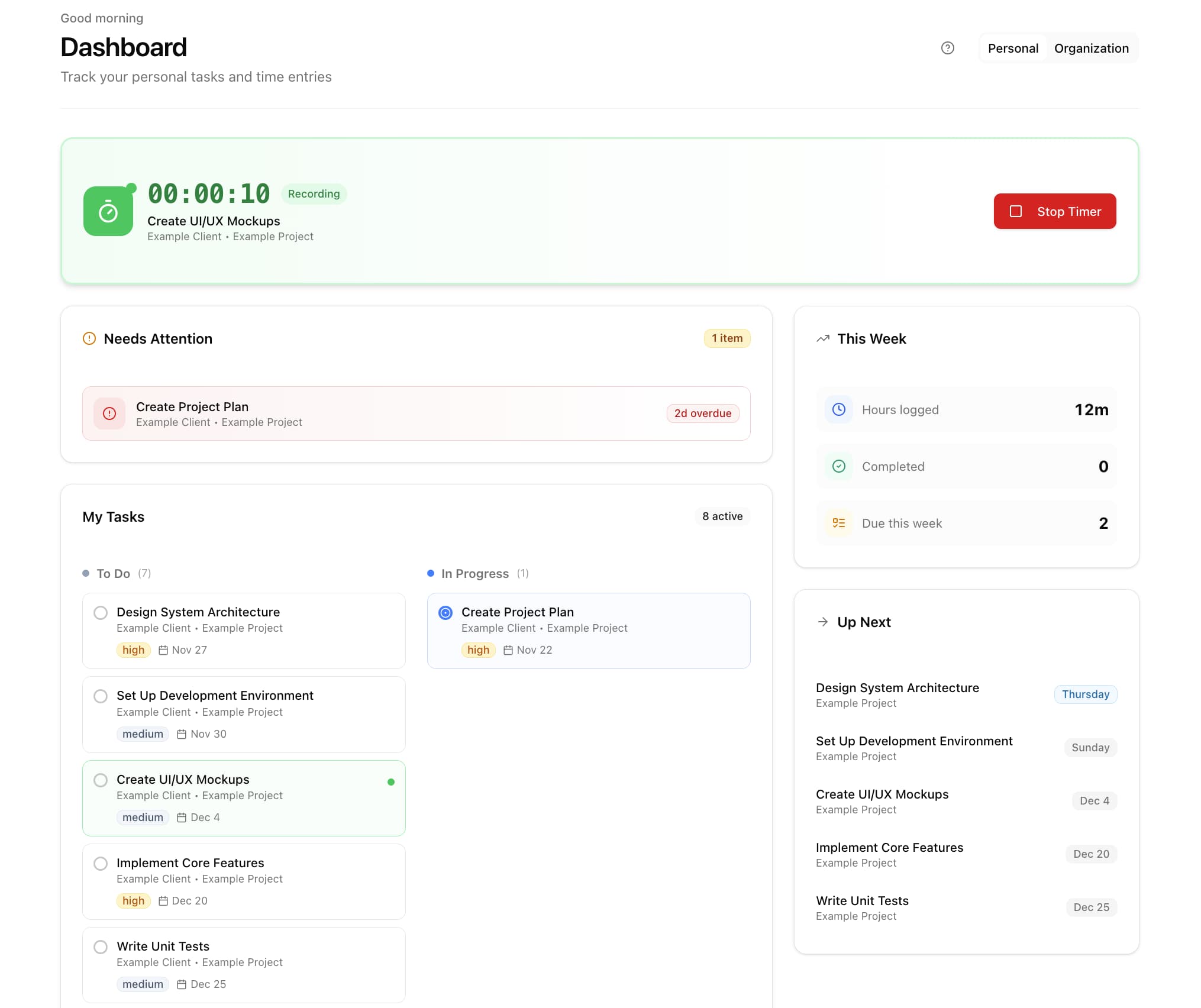 Zentract dashboard showing project management and time tracking